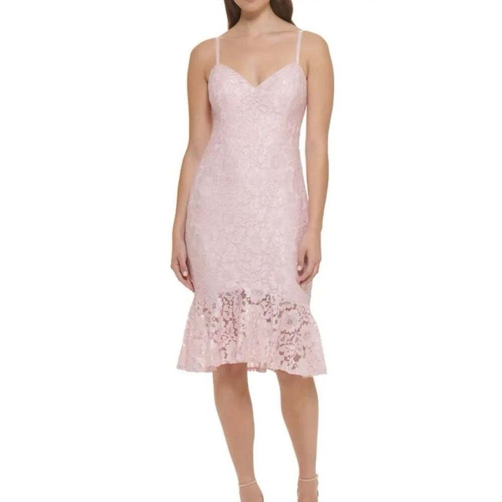 GUESS Pink Lace Flounce Coquette Midi Dress Feminine Romantic Size 2 Sweetheart
